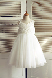 Ivory Lace Tulle V Back Wedding Flower Girl Dress with Big