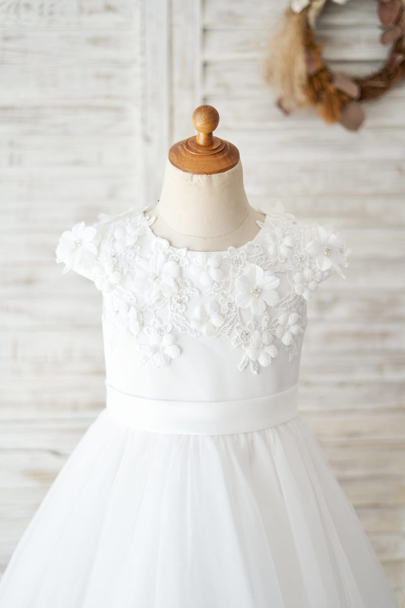 Ivory Lace Pink Tulle Cap Sleeves Wedding Flower Girl Dress, Horsehair Hem main image 0