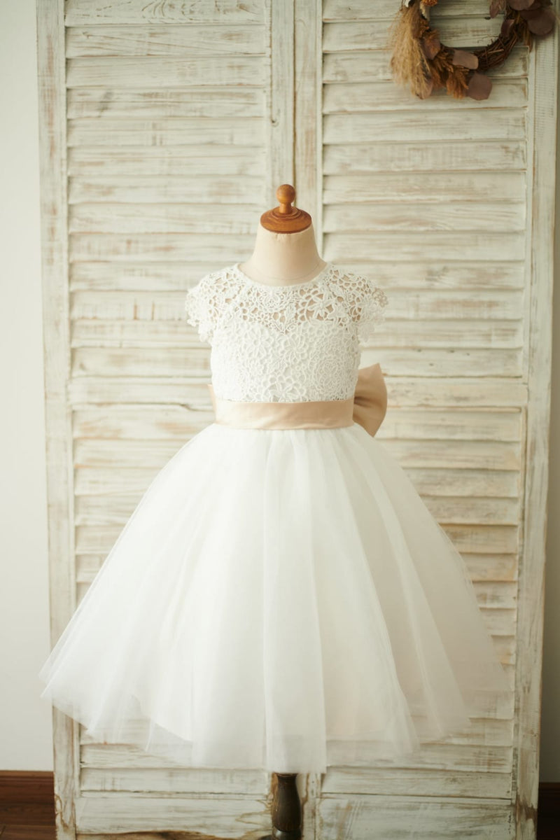 Illusion Lace Flower Girl Dress Sleeveless A-Line Tulle Skirt Tea Length Wedding Dress