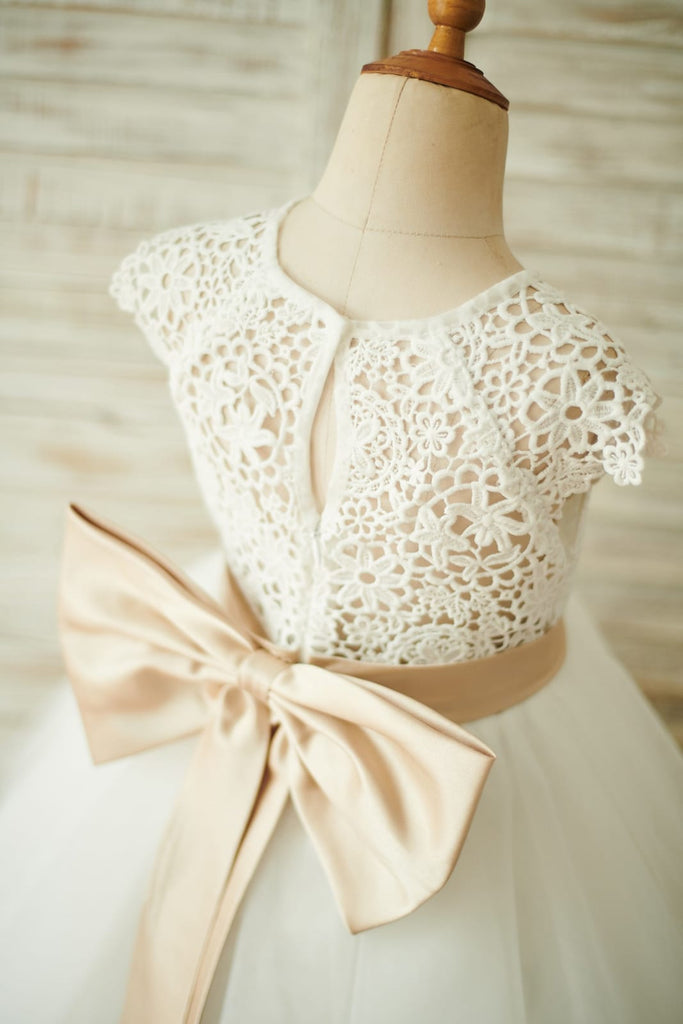 Ivory Lace Tulle Cap Sleeves Wedding Flower Girl Dress with
