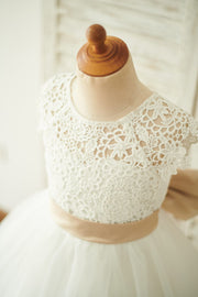 Ivory Lace Tulle Cap Sleeves Wedding Flower Girl Dress with
