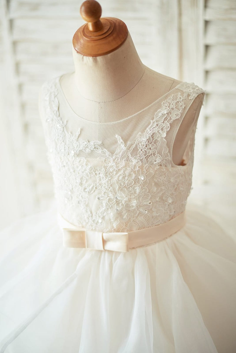 Long Sleeves V Back Glittering Lace Champagne Satin Wedding Flower Girl Dress