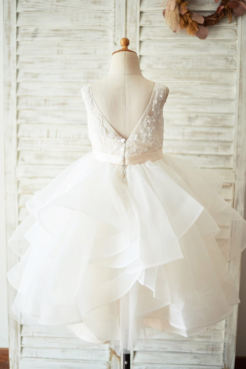 Princess V Back Ivory Lace Tulle Sleeveless Wedding Flower Girl Dress