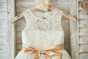 Ivory Lace Tulle Wedding Flower Girl Dress with Keyhole Back