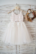 Ivory Lace Tulle Peach Spaghetti Straps Wedding Flower Girl Dress, Belt