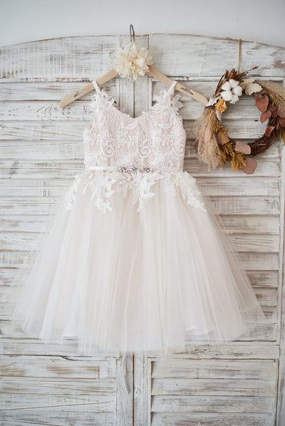 Ivory lace Tulle Spaghetti straps Wedding Flower Girl Dress