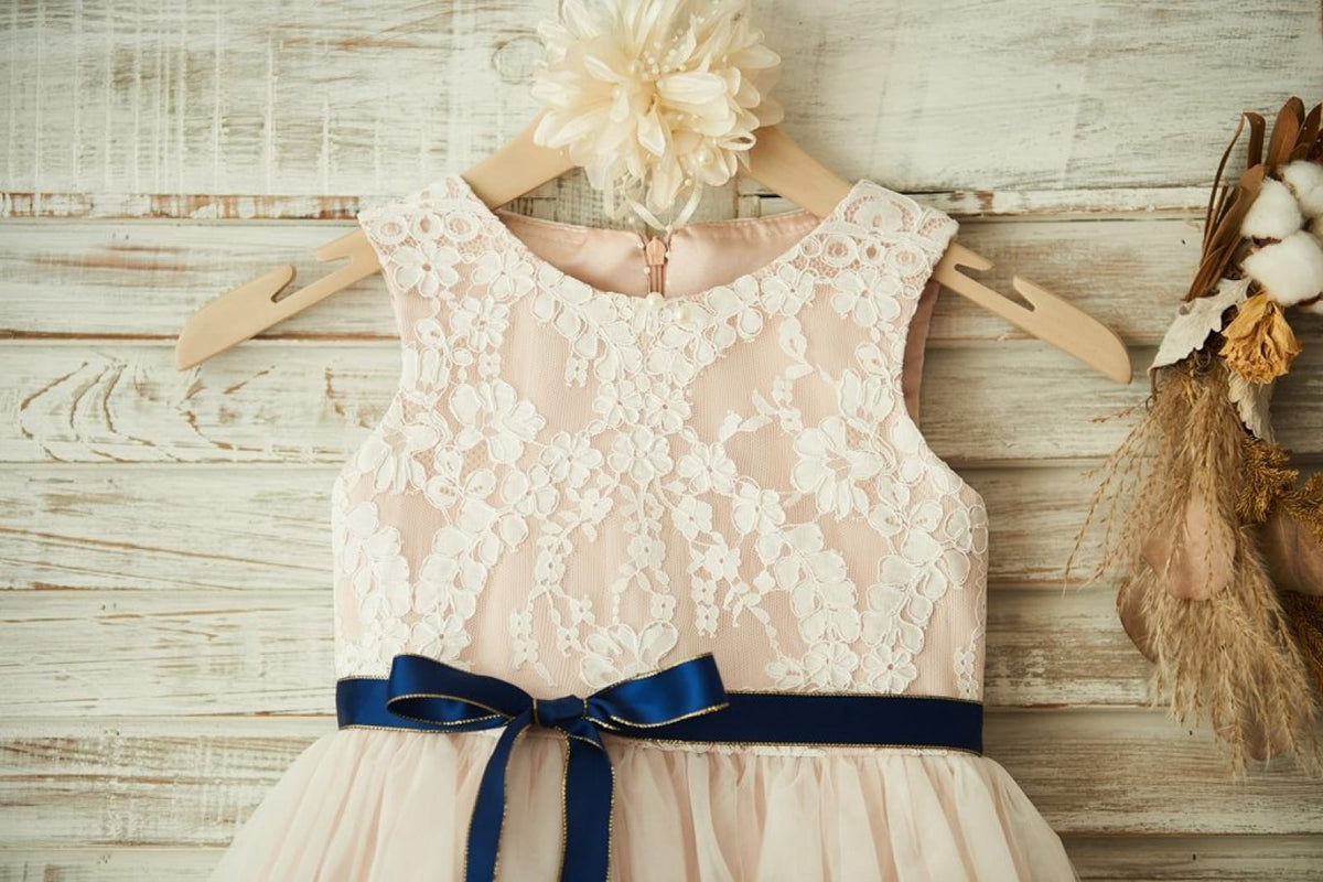 Ivory Lace Tulle Pink Wedding Flower Girl Dress, Navy Blue Sash 10T Ivory Lace Tulle Pink Wedding Flower Girl Dress, Navy Blue Sash 10T