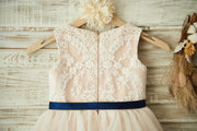 Ivory Lace Tulle Pink Lining Wedding Flower Girl Dress with