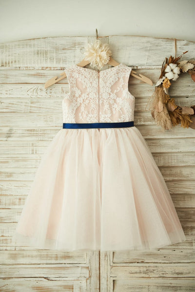 Ivory Lace Tulle Pink Lining Wedding Flower Girl Dress with