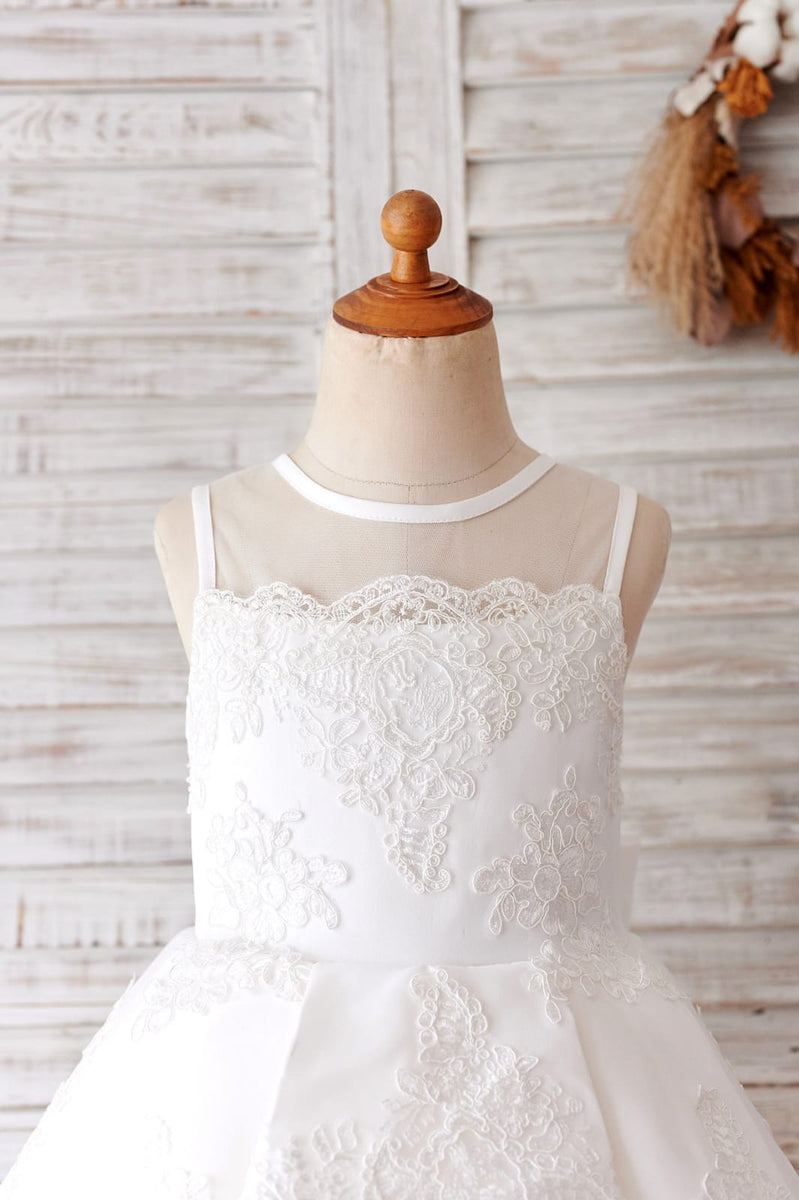 Ivory Lace Tulle Sheer Neck Wedding Flower Girl Dress