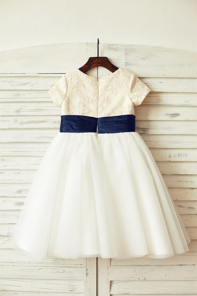 Ivory lace Tulle Flower Girl Dress with Short sleeves / Big