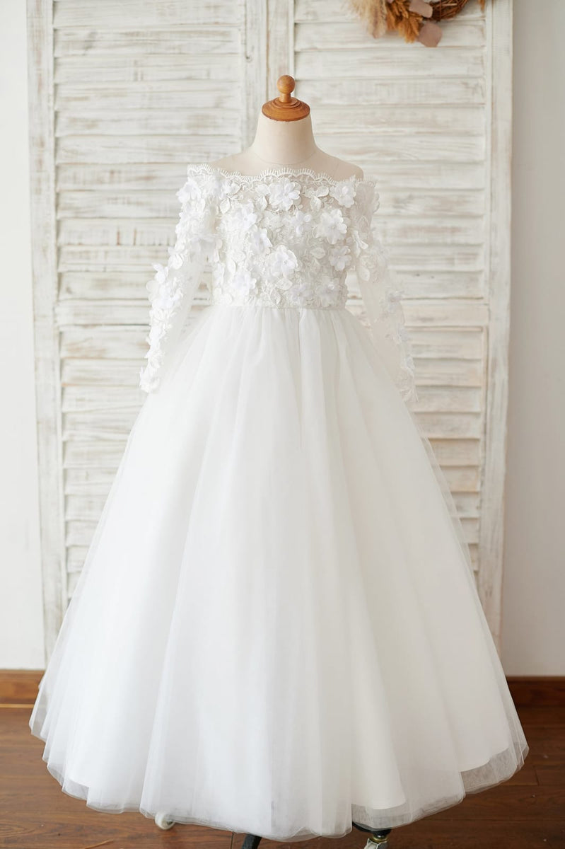 long sleeve flower girl dresses lace and tulle Tulle and Lace Flower Girl Dress with Bateau Neckline and Long Sleeves