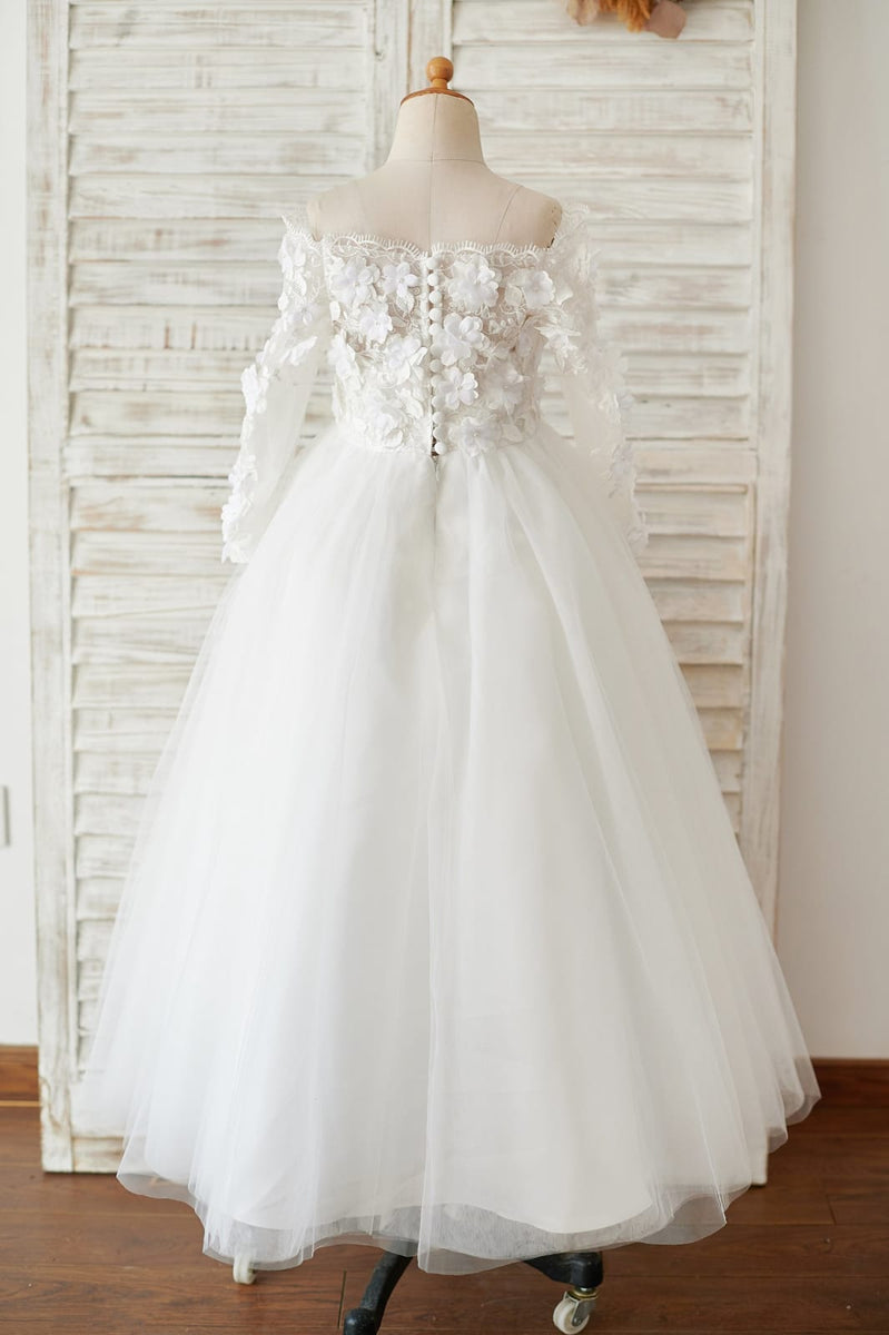 Long sleeve lace and tulle flower girl dress hot sale