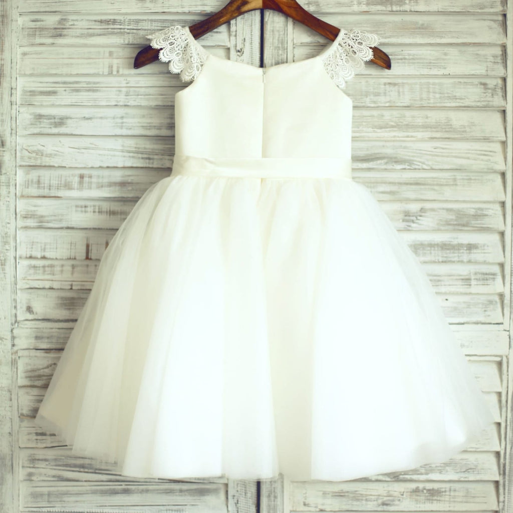 Ivory Lace Cap Sleeves Tulle Flower Girl Dress with Ivory