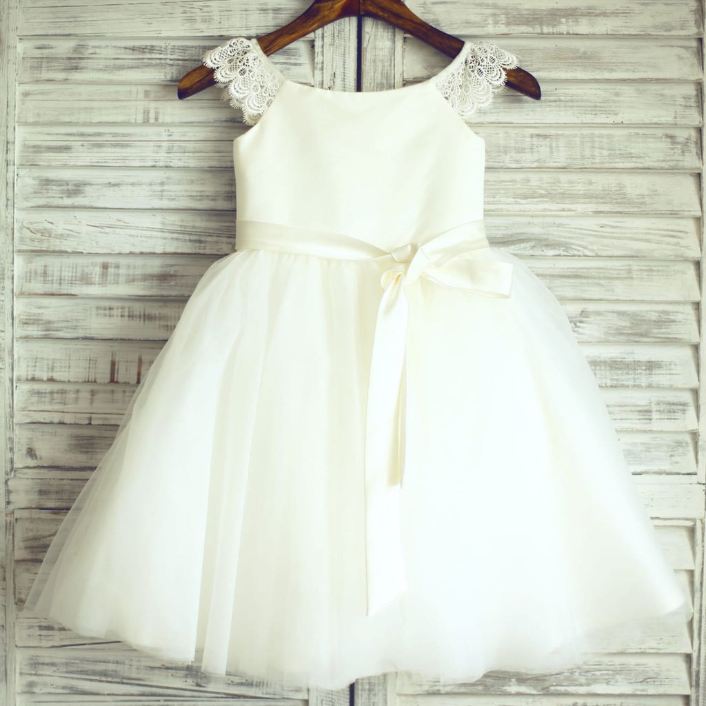 Ivory Lace Cap Sleeves Tulle Flower Girl Dress with Ivory