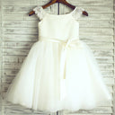 Ivory Lace Tulle Cap Sleeves Flower Girl Dress, Sash