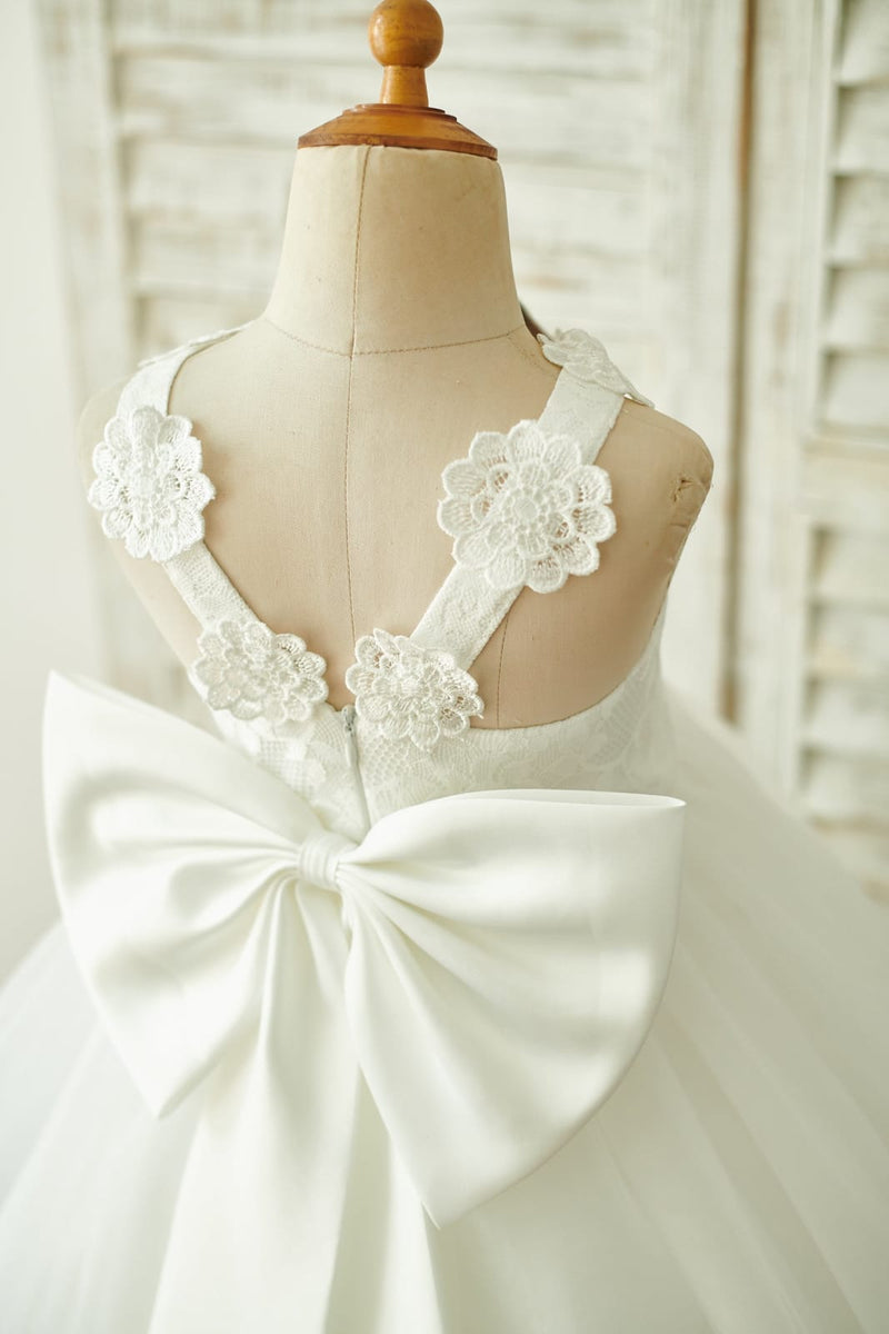 Black Lace Tulle Short Sleeves Wedding Flower Girl Dress, Sequin Bow main image 1