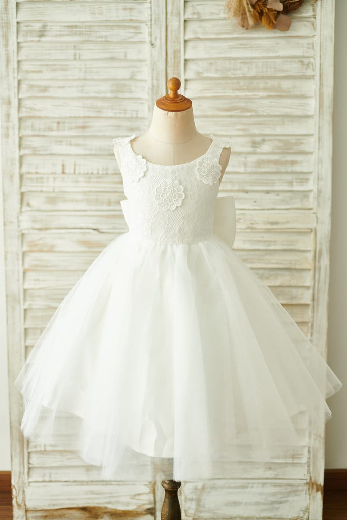 Ivory Lace Tulle Straps Wedding Flower Girl Dress with Big