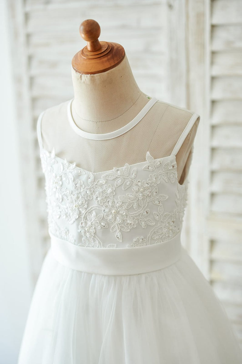 Illusion Lace Flower Girl Dress Sleeveless A-Line Tulle Skirt Tea Length Wedding Dress main image 1
