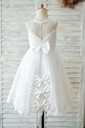 Ivory Lace tulle Wedding Flower Girl Dress, Bows