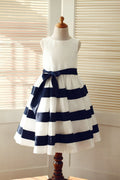 Ivory / Navy Blue Taffeta Stripes Wedding Flower Girl Dress