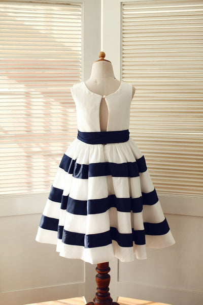 Ivory / Navy Blue Taffeta Striped Wedding Flower Girl Dress