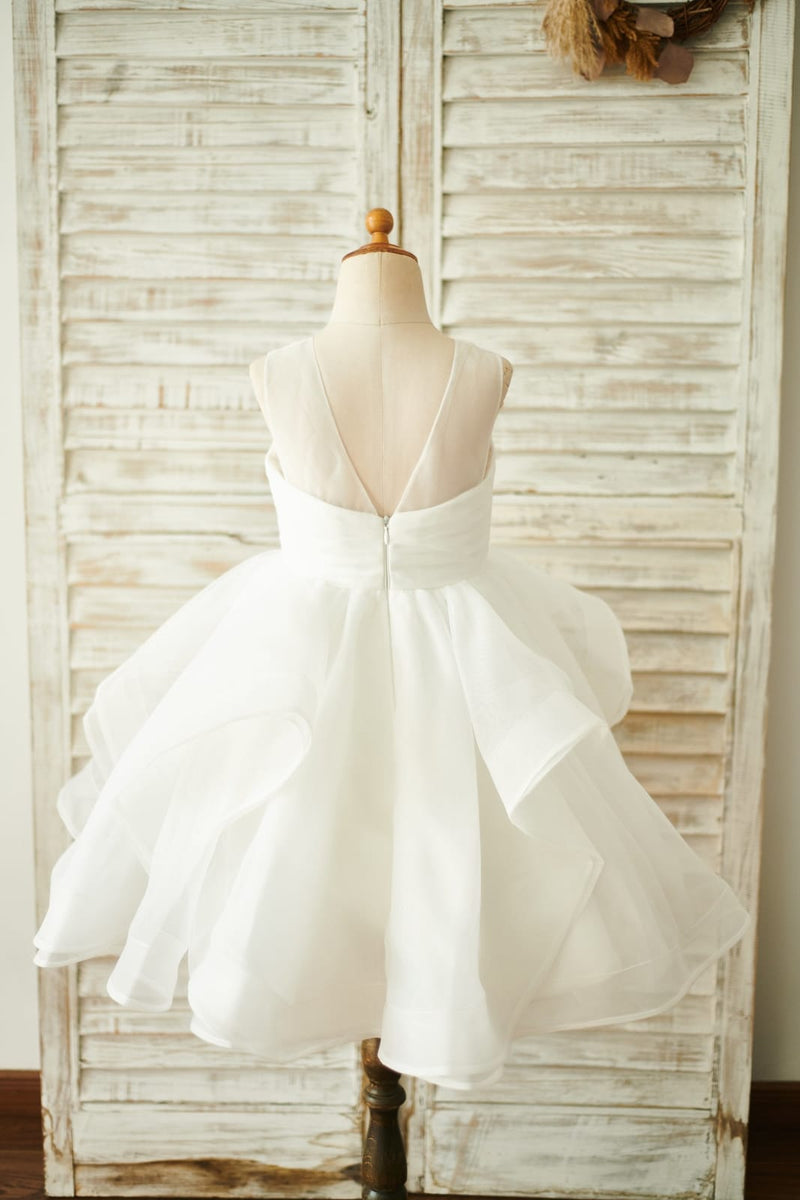 Ivory Stripe Organza Spaghetti Straps Wedding Flower Girl Dress