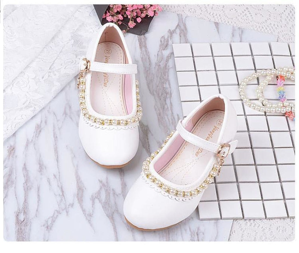 Ivory / Pink Leather Rhinestone Pearls Wedding Flower Girl