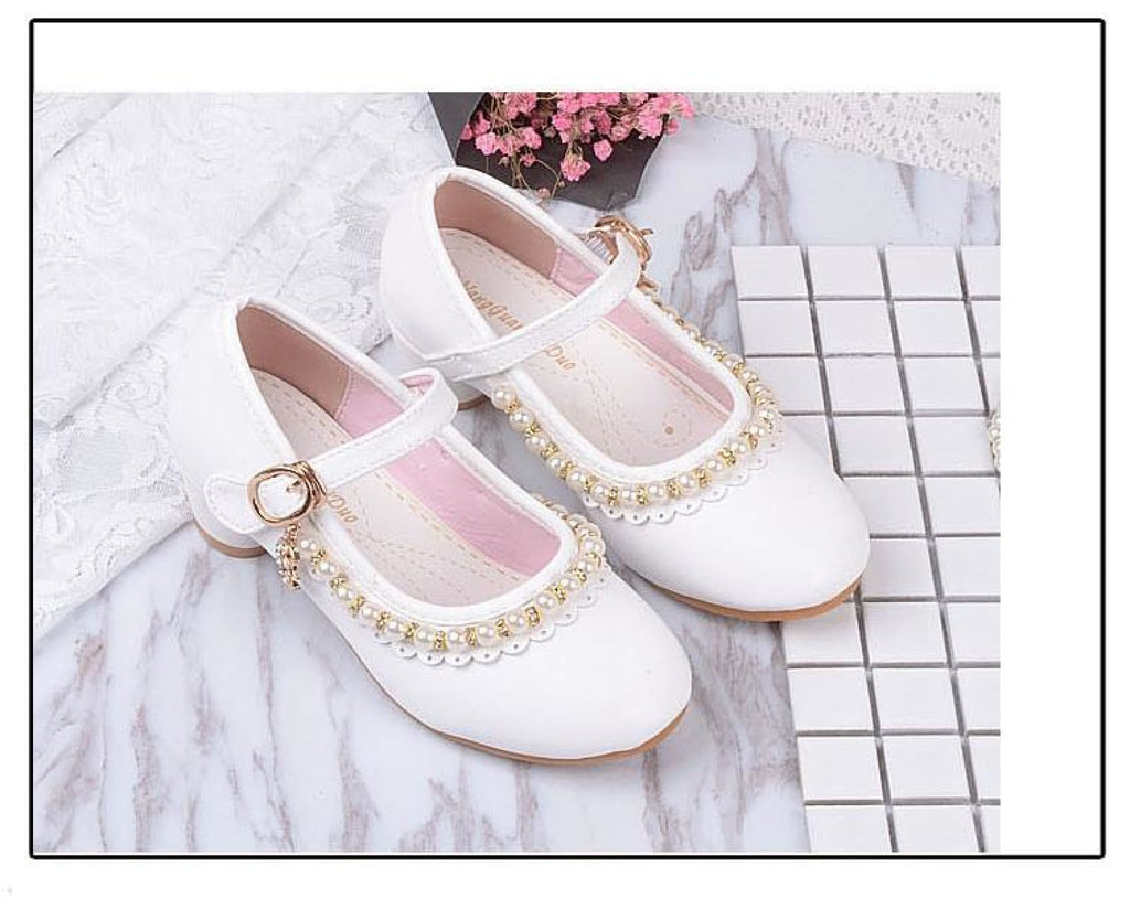 Ivory / Pink Leather Rhinestone Pearls Wedding Flower Girl