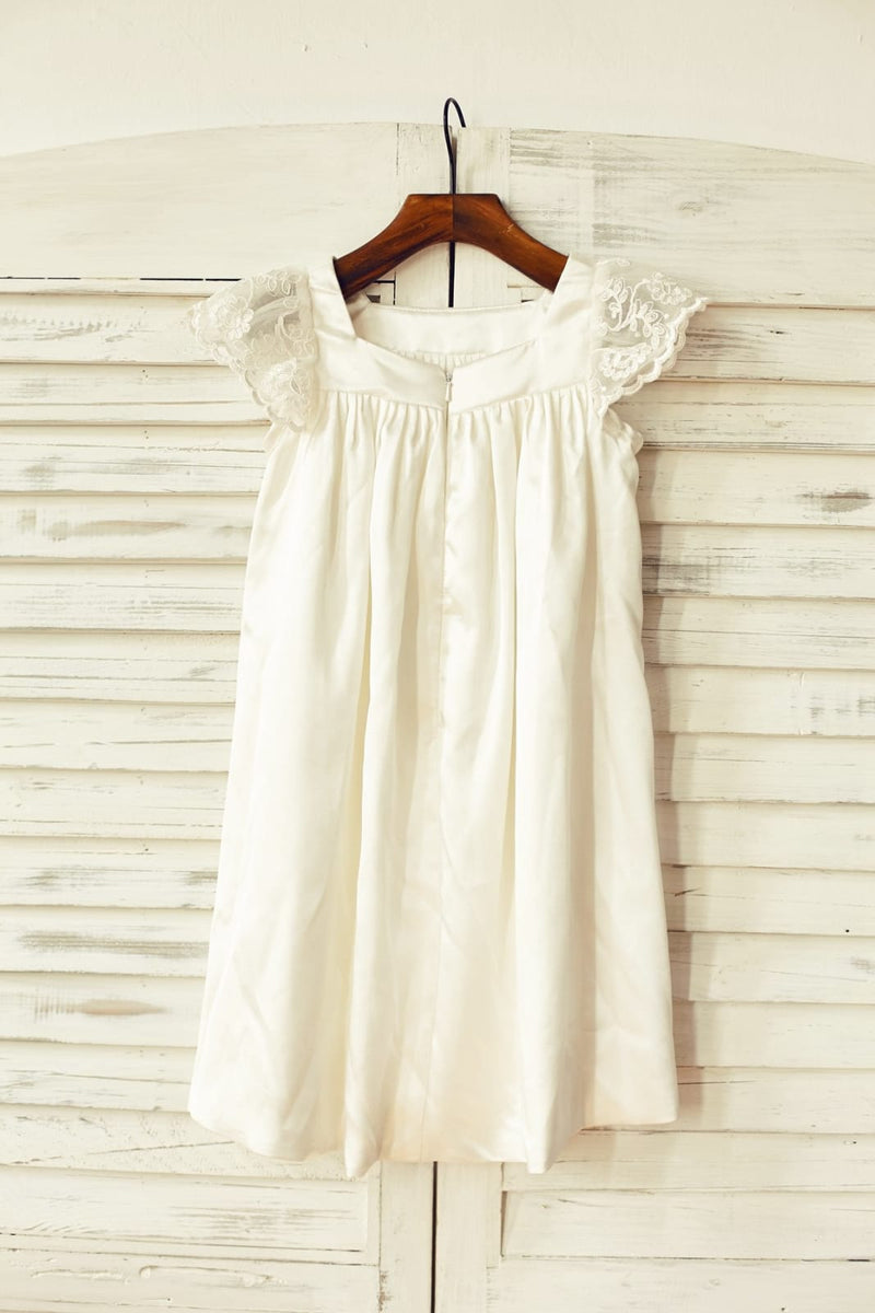 Lace Cap Sleeve Satin Long Flower Girl Dress with Bow Daffodil