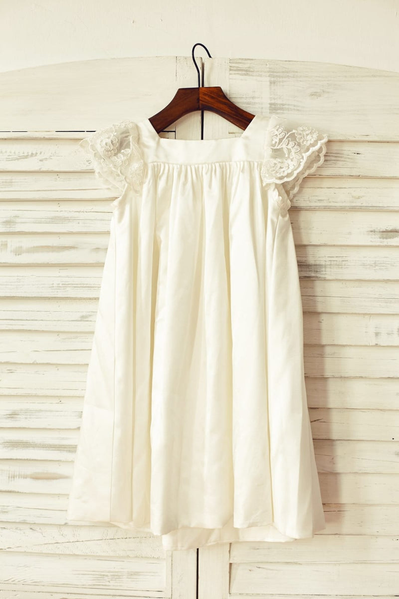 Lace Cap Sleeve Satin Long Flower Girl Dress with Bow Daffodil