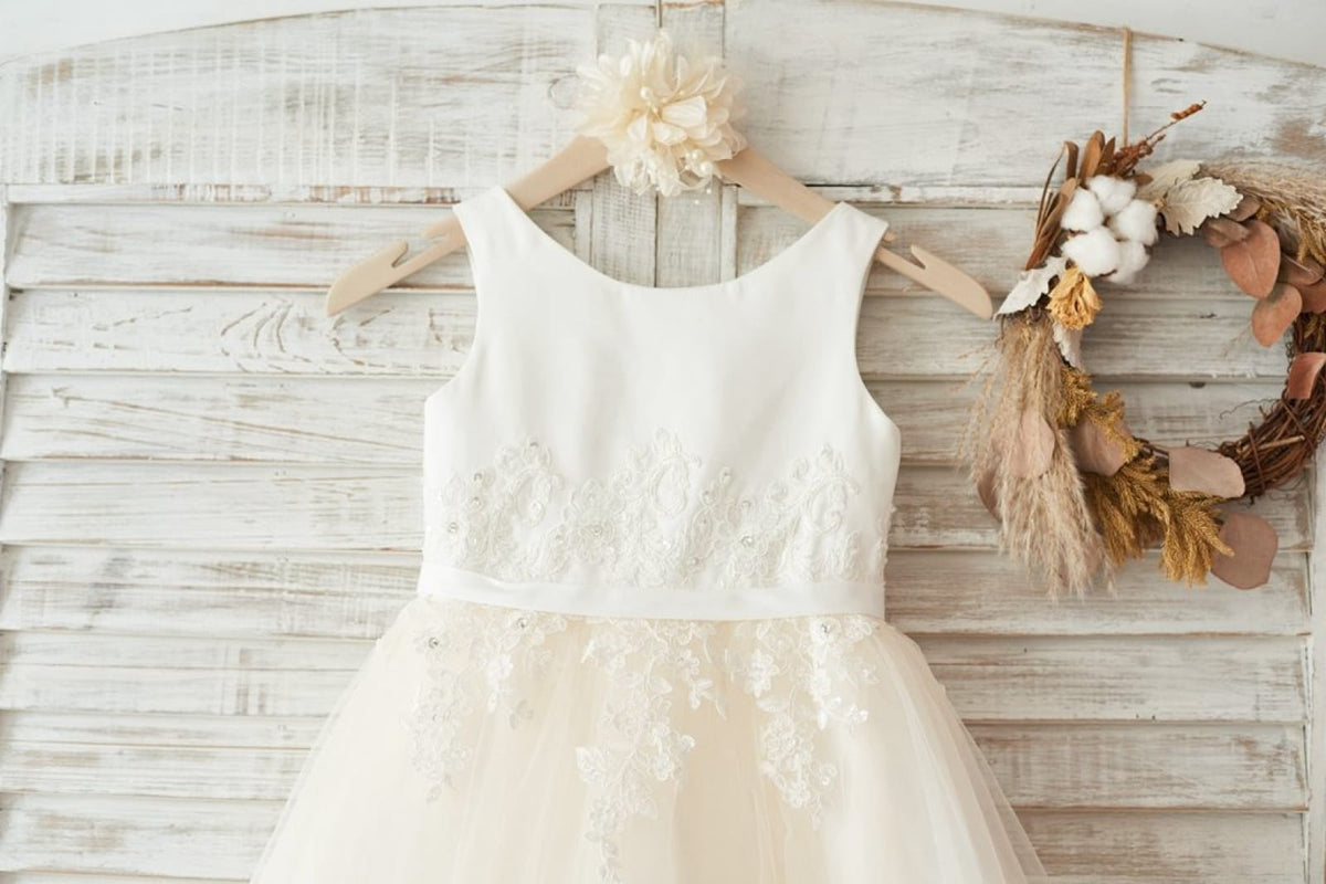 Ivory Lace Champagne Tulle Long Sleeves Wedding Flower Girl Dress main image 1