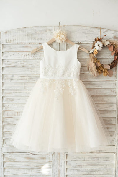 Ivory Satin Champagne Tulle Wedding Flower Girl Dress with