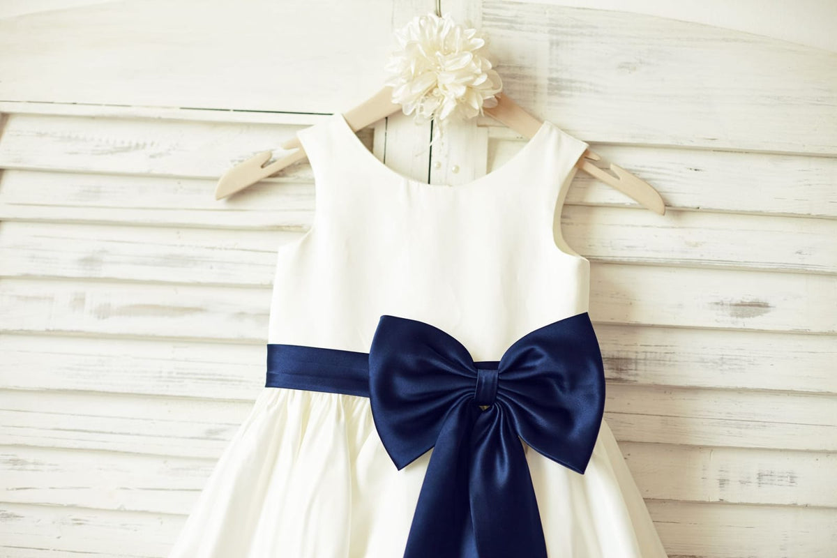 Ivory Satin Flower Girl Dress, Navy Blue Belt / Bow 9T Ivory Satin Flower Girl Dress, Navy Blue Belt / Bow 9T