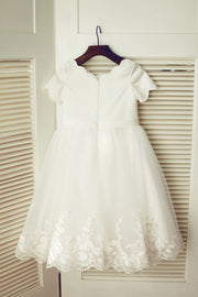 Ivory Satin Lace Tulle Wedding Flower Girl Dress with Short