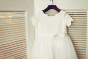 Ivory Satin Lace Tulle Wedding Flower Girl Dress with Short