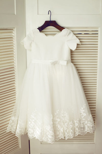 Ivory Satin Lace Tulle Wedding Flower Girl Dress with Short