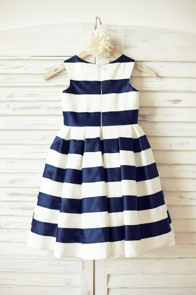 Ivory Navy Blue Stripes Satin Flower Girl Dress with Bow