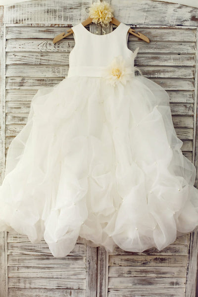 Ivory Satin Organza Ruffle Ball Gown Princess Flower Girl 