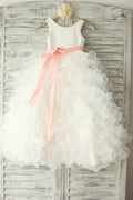 Ivory Satin Ruffle Organza Skirt TUTU Princess Flower Girl Dress