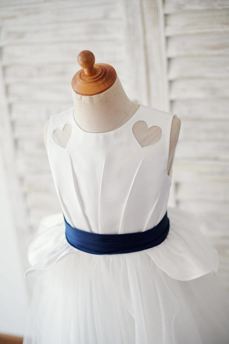 Ivory Satin Tulle Wedding Flower Girl Dress, Navy Blue Belt Princessly