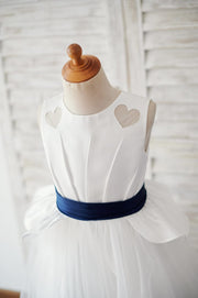 Ivory Satin Tulle Wedding Flower Girl Dress with Navy Blue
