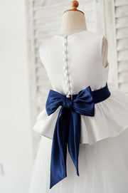 Ivory Satin Tulle Wedding Flower Girl Dress with Navy Blue