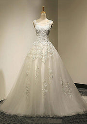 Ivory Tulle A-Line Bateau Sleeveless Court Train Wedding
