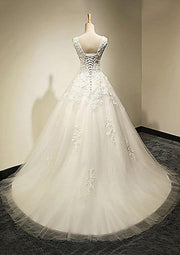 Ivory Tulle A-Line Bateau Sleeveless Court Train Wedding