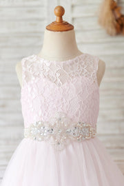 Ivory Lace Tulle Wedding Flower Girl Dress with Beaded Belt