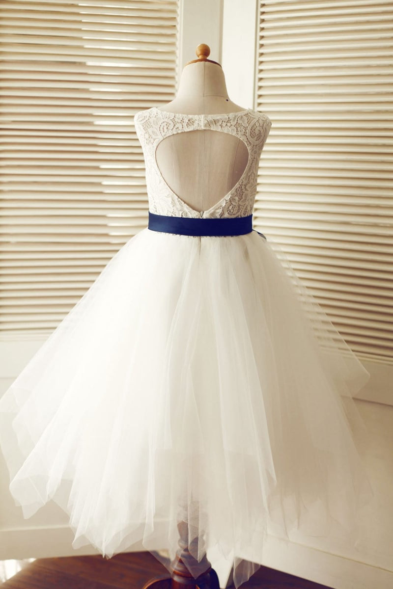 Ivory Satin Tulle Flower Girl Dress, Navy Blue Lace Sash
