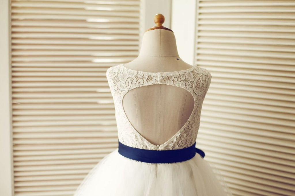 Keyhole Ivory Lace Tulle Wedding Flower Girl Dress / Navy