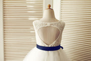 Keyhole Ivory Lace Tulle Wedding Flower Girl Dress / Navy