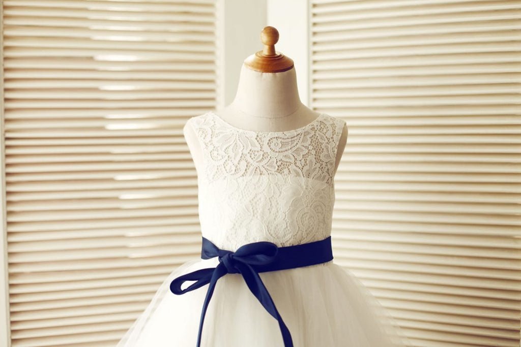 Keyhole Ivory Lace Tulle Wedding Flower Girl Dress / Navy
